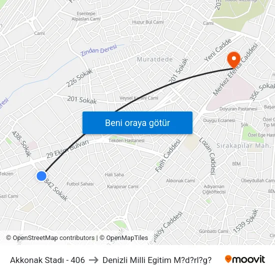 Akkonak Stadı - 406 to Denizli Milli Egitim M?d?rl?g? map