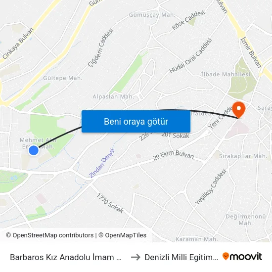 Barbaros Kız Anadolu İmam Hatip Lisesi - 618 to Denizli Milli Egitim M?d?rl?g? map