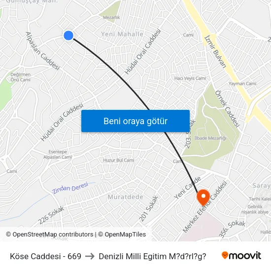 Köse Caddesi - 669 to Denizli Milli Egitim M?d?rl?g? map