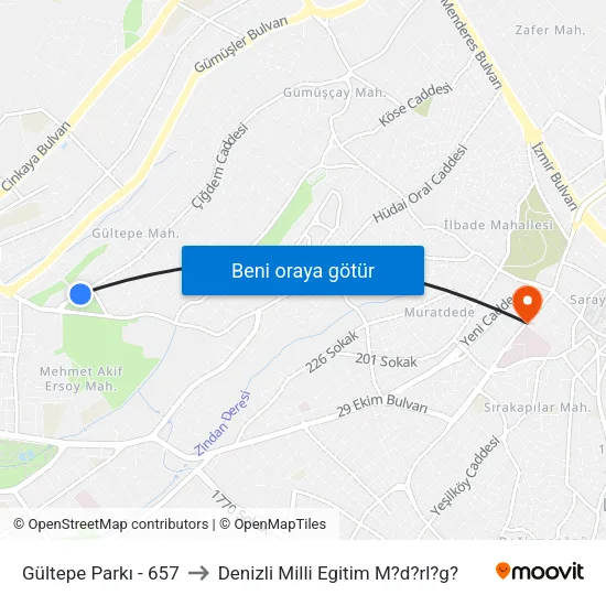 Gültepe Parkı - 657 to Denizli Milli Egitim M?d?rl?g? map