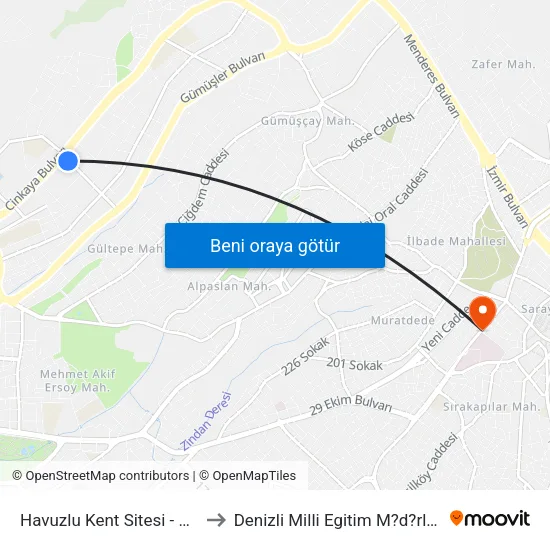 Havuzlu Kent Sitesi - 974 to Denizli Milli Egitim M?d?rl?g? map