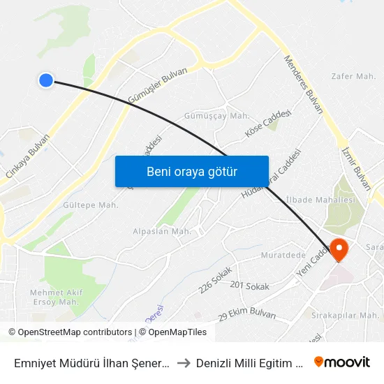 Emniyet Müdürü İlhan Şener Parkı - 1113 to Denizli Milli Egitim M?d?rl?g? map