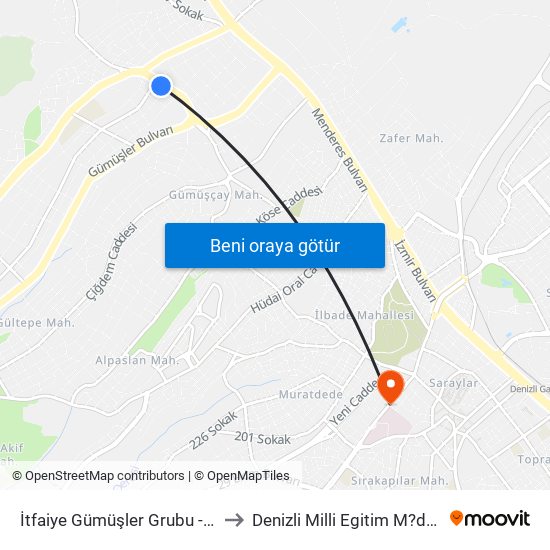 İtfaiye Gümüşler Grubu - 1527 to Denizli Milli Egitim M?d?rl?g? map