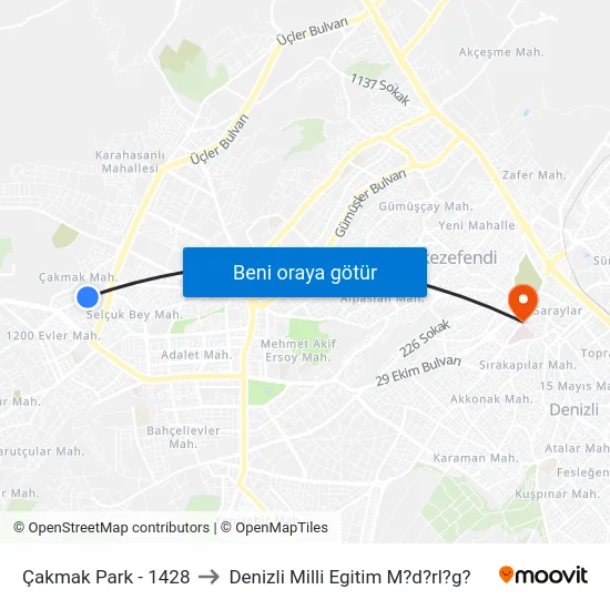 Çakmak Park - 1428 to Denizli Milli Egitim M?d?rl?g? map