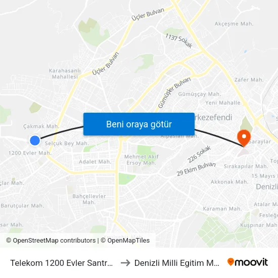 Telekom 1200 Evler Santrali - 1429 to Denizli Milli Egitim M?d?rl?g? map