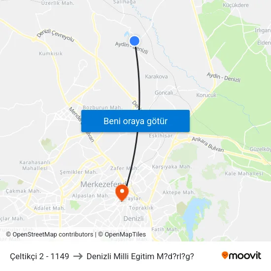 Çeltikçi 2 - 1149 to Denizli Milli Egitim M?d?rl?g? map