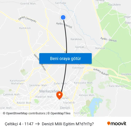 Çeltikçi 4 - 1147 to Denizli Milli Egitim M?d?rl?g? map