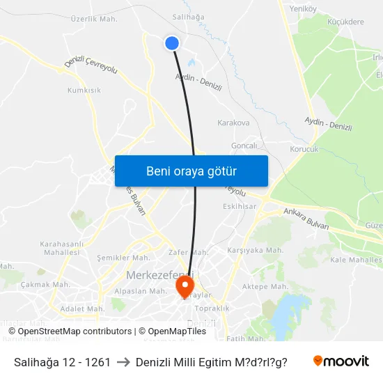Salihağa 12 - 1261 to Denizli Milli Egitim M?d?rl?g? map
