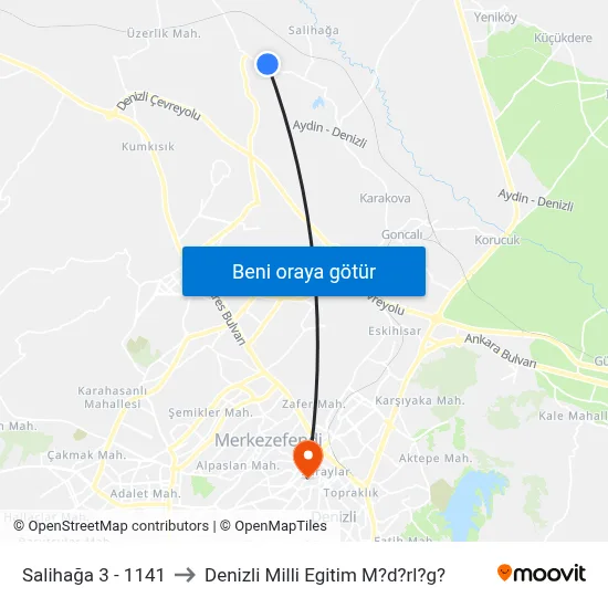 Salihağa 3 - 1141 to Denizli Milli Egitim M?d?rl?g? map