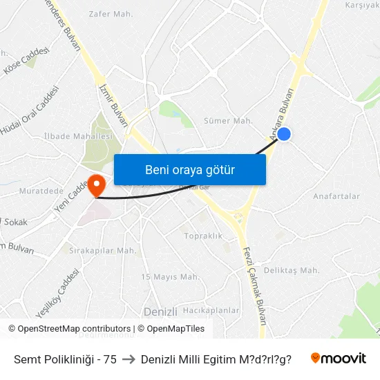Dokuzkavaklar Polikliniği - 75 to Denizli Milli Egitim M?d?rl?g? map