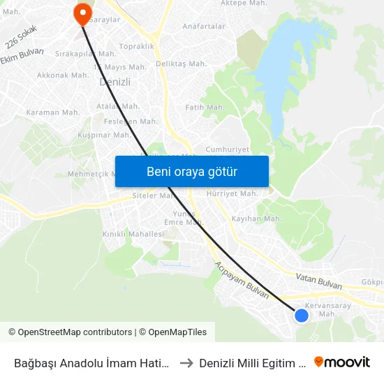 Bağbaşı Anadolu İmam Hatip Lisesi - 1621 to Denizli Milli Egitim M?d?rl?g? map