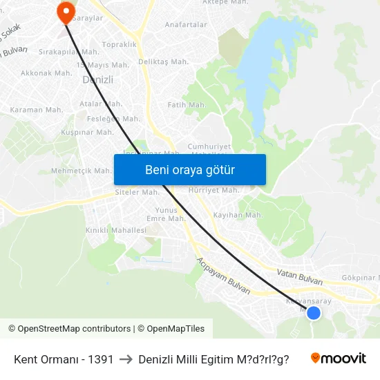 Kent Ormanı - 1391 to Denizli Milli Egitim M?d?rl?g? map