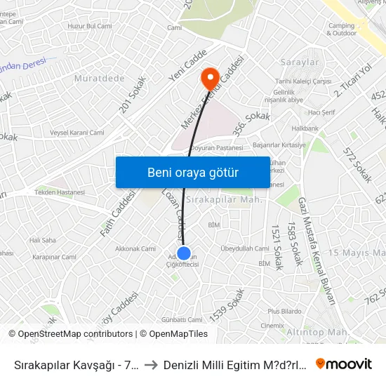 Sırakapılar Kavşağı - 712 to Denizli Milli Egitim M?d?rl?g? map