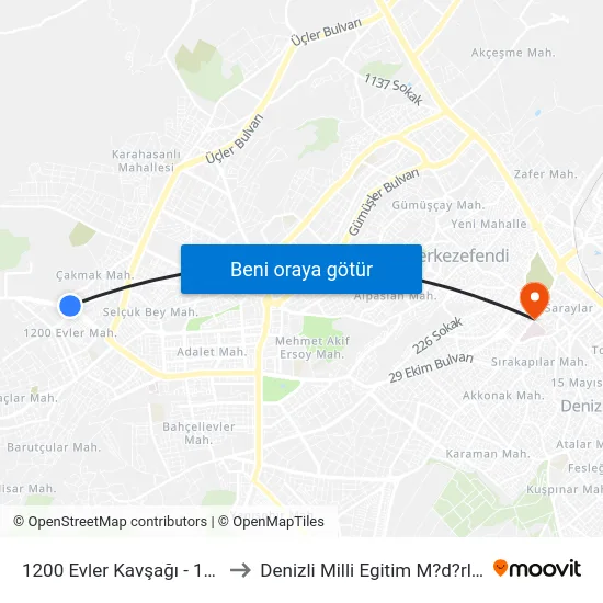 1200 Evler Kavşağı - 1608 to Denizli Milli Egitim M?d?rl?g? map