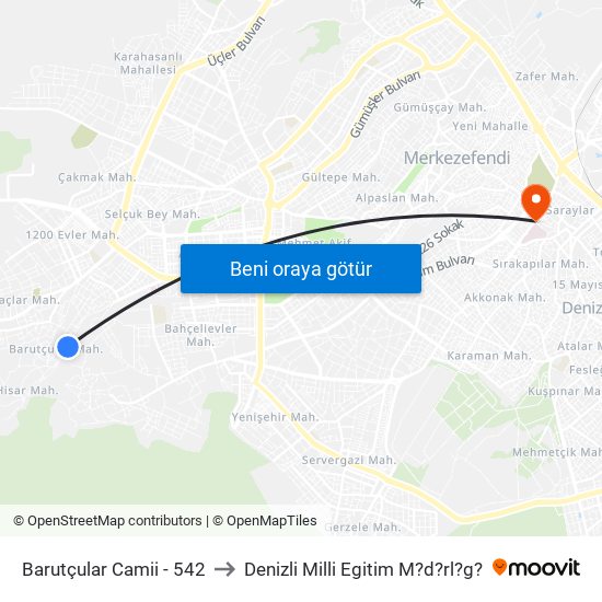 Barutçular Camii - 542 to Denizli Milli Egitim M?d?rl?g? map
