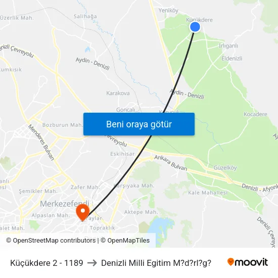 Küçükdere 2 - 1189 to Denizli Milli Egitim M?d?rl?g? map