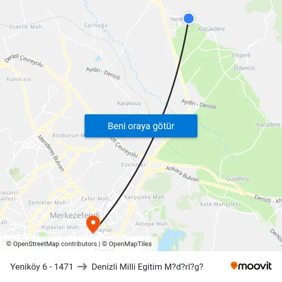 Yeniköy 6 - 1471 to Denizli Milli Egitim M?d?rl?g? map