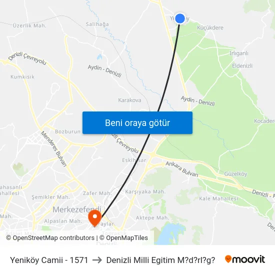 Yeniköy Camii - 1571 to Denizli Milli Egitim M?d?rl?g? map