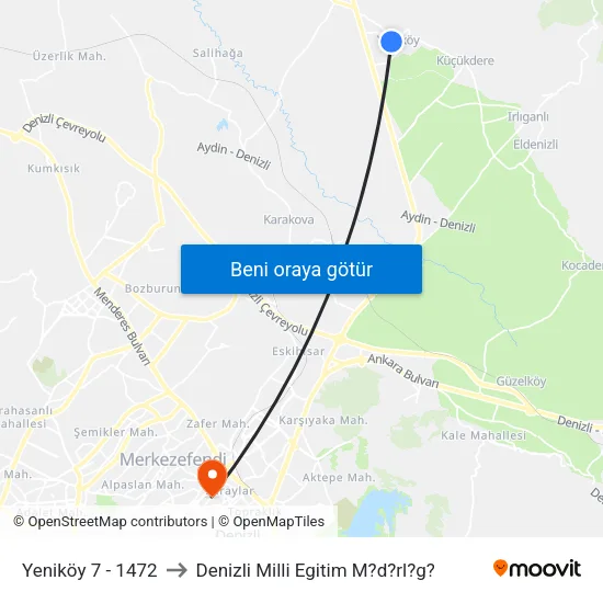 Yeniköy 7 - 1472 to Denizli Milli Egitim M?d?rl?g? map