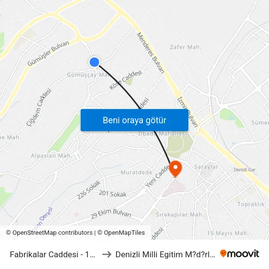 Fabrikalar Caddesi - 1518 to Denizli Milli Egitim M?d?rl?g? map
