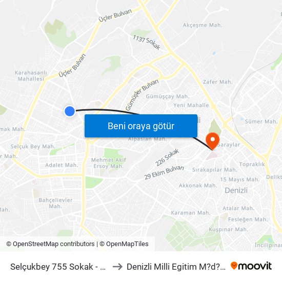 Selçukbey 755 Sokak - 1706 to Denizli Milli Egitim M?d?rl?g? map