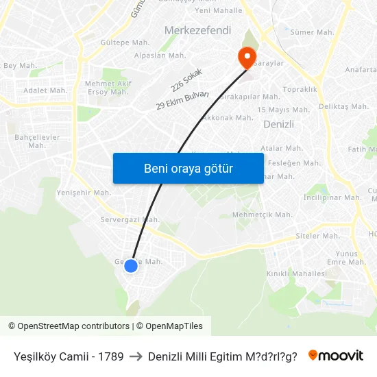 Yeşilköy Camii - 1789 to Denizli Milli Egitim M?d?rl?g? map