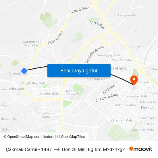 Çakmak Camii - 1487 to Denizli Milli Egitim M?d?rl?g? map