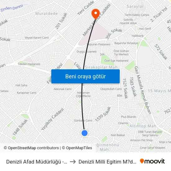 Denizli Afad Müdürlüğü - 1670 to Denizli Milli Egitim M?d?rl?g? map