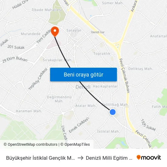 Büyükşehir İstiklal Gençlik Merkezi - 1438 to Denizli Milli Egitim M?d?rl?g? map