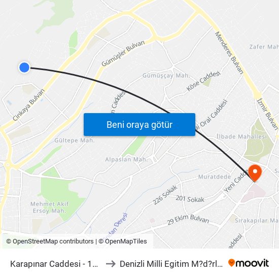 Karapınar Caddesi - 1227 to Denizli Milli Egitim M?d?rl?g? map