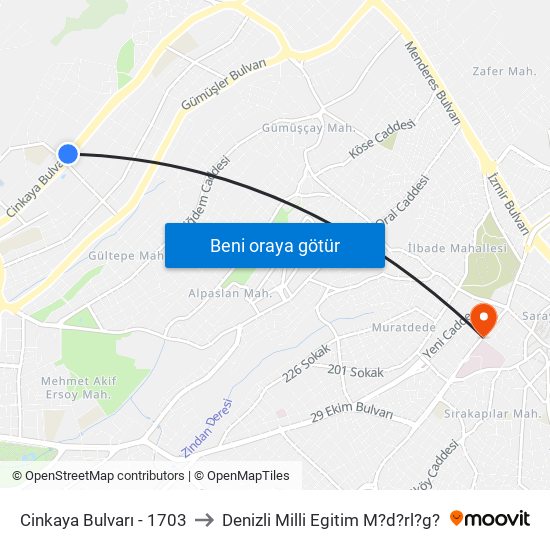 Cinkaya Bulvarı - 1703 to Denizli Milli Egitim M?d?rl?g? map