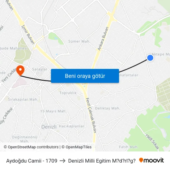 Aydoğdu Camii - 1709 to Denizli Milli Egitim M?d?rl?g? map