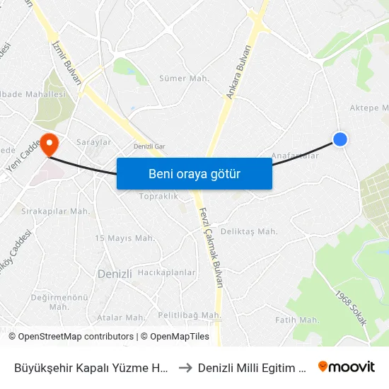 Büyükşehir Kapalı Yüzme Havuzu - 1163 to Denizli Milli Egitim M?d?rl?g? map