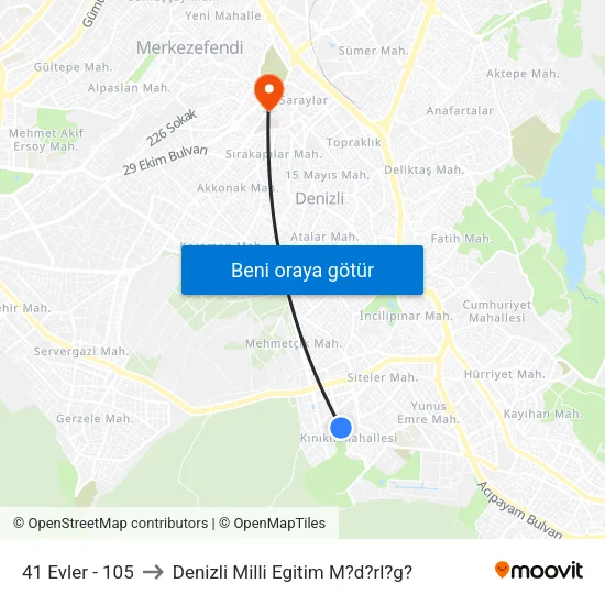 41 Evler - 105 to Denizli Milli Egitim M?d?rl?g? map