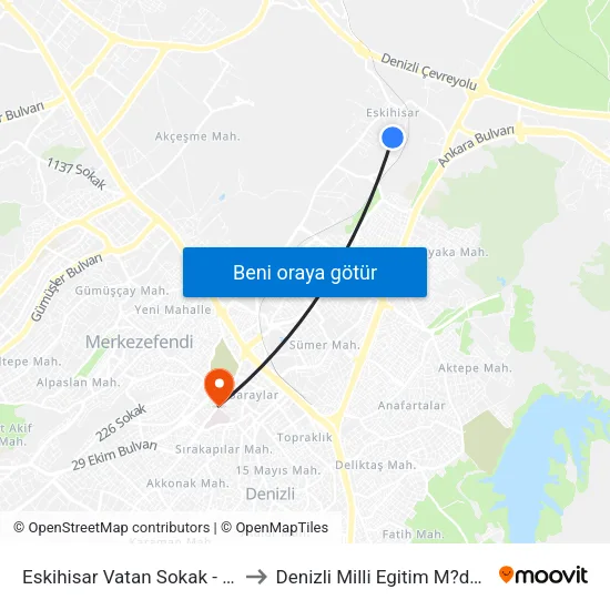 Eskihisar Vatan Sokak - 1727 to Denizli Milli Egitim M?d?rl?g? map