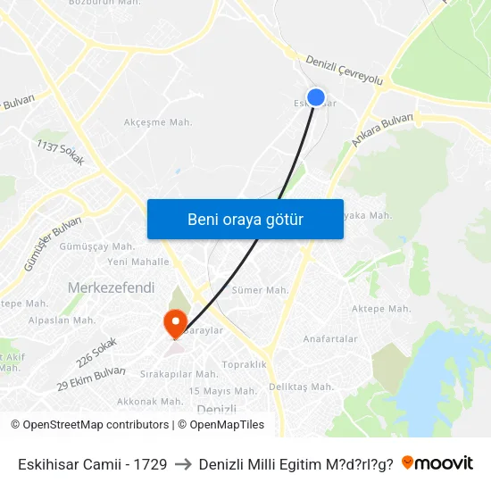 Eskihisar Camii - 1729 to Denizli Milli Egitim M?d?rl?g? map