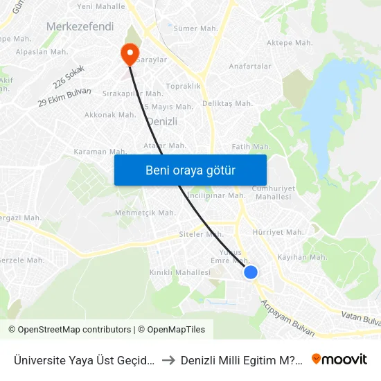 Üniversite Üst Geçit - 1655 to Denizli Milli Egitim M?d?rl?g? map