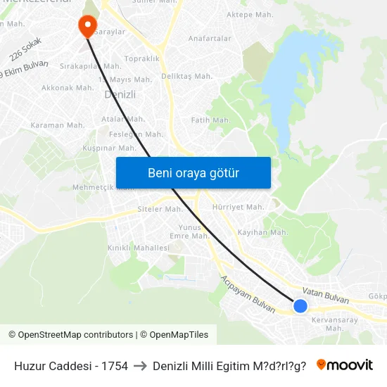 Huzur Caddesi - 1754 to Denizli Milli Egitim M?d?rl?g? map
