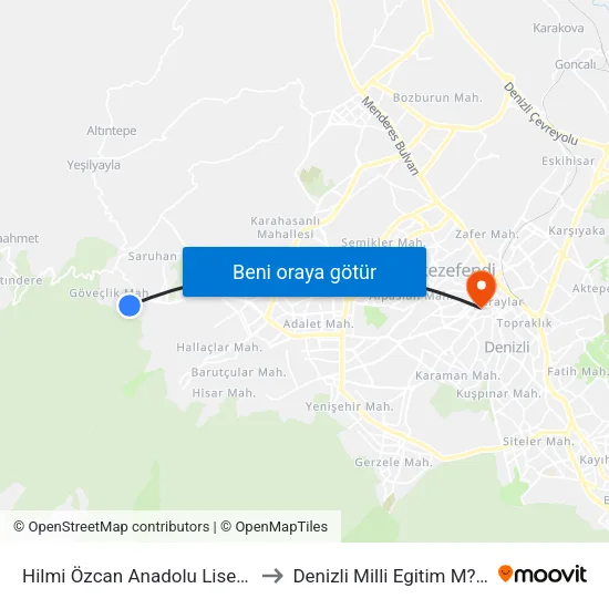 Hilmi Özcan Anadolu Lisesi - 1533 to Denizli Milli Egitim M?d?rl?g? map