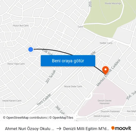 Ahmet Nuri Özsoy Okulu - 1406 to Denizli Milli Egitim M?d?rl?g? map