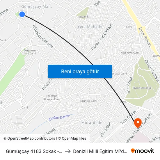 Gümüşçay 4183 Sokak - 1296 to Denizli Milli Egitim M?d?rl?g? map