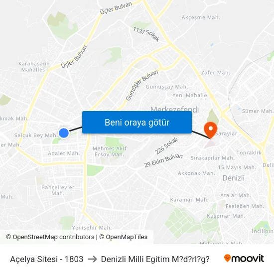 Açelya Sitesi - 1803 to Denizli Milli Egitim M?d?rl?g? map