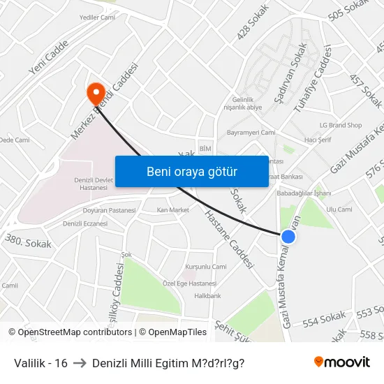 Valilik - 16 (Peron 1) to Denizli Milli Egitim M?d?rl?g? map