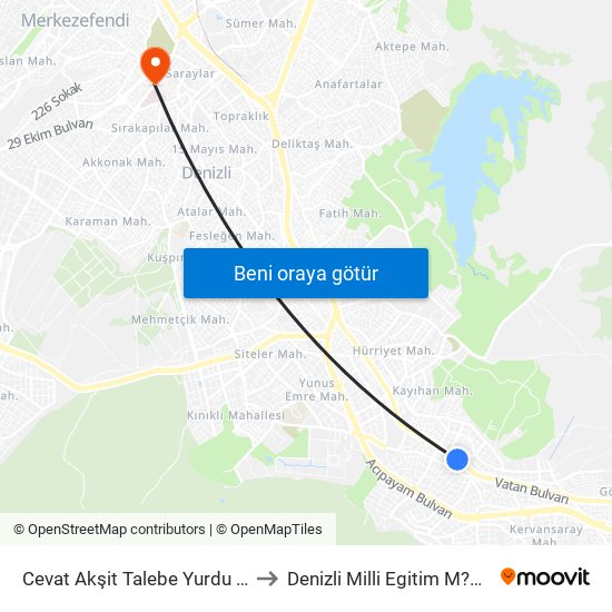 Cevat Akşit Talebe Yurdu - 1308 to Denizli Milli Egitim M?d?rl?g? map