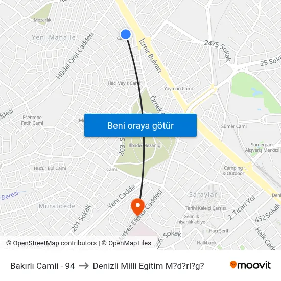 Bakırlı Camii - 94 to Denizli Milli Egitim M?d?rl?g? map