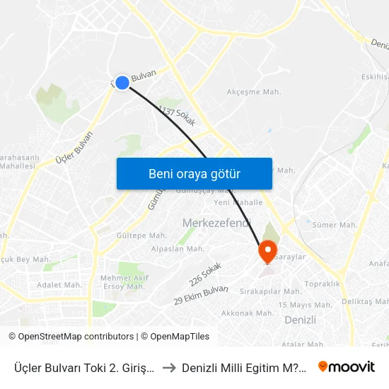 Üçler Bulvarı Toki 2. Giriş - 1662 to Denizli Milli Egitim M?d?rl?g? map