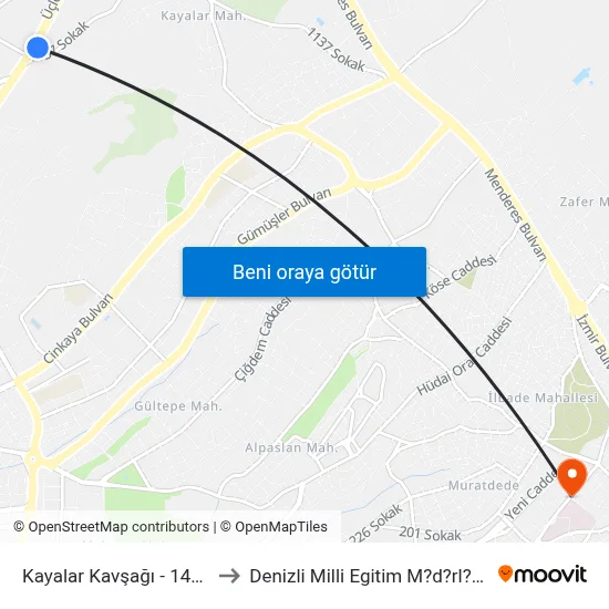Kayalar Kavşağı - 1426 to Denizli Milli Egitim M?d?rl?g? map