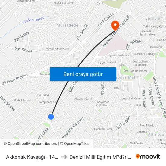 Akkonak Kavşağı - 1427 to Denizli Milli Egitim M?d?rl?g? map