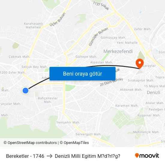 Bereketler - 1746 to Denizli Milli Egitim M?d?rl?g? map