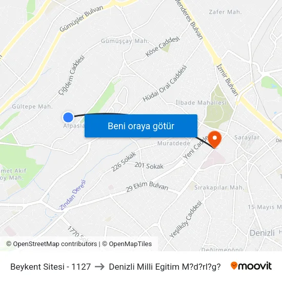 Beykent Sitesi - 1127 to Denizli Milli Egitim M?d?rl?g? map